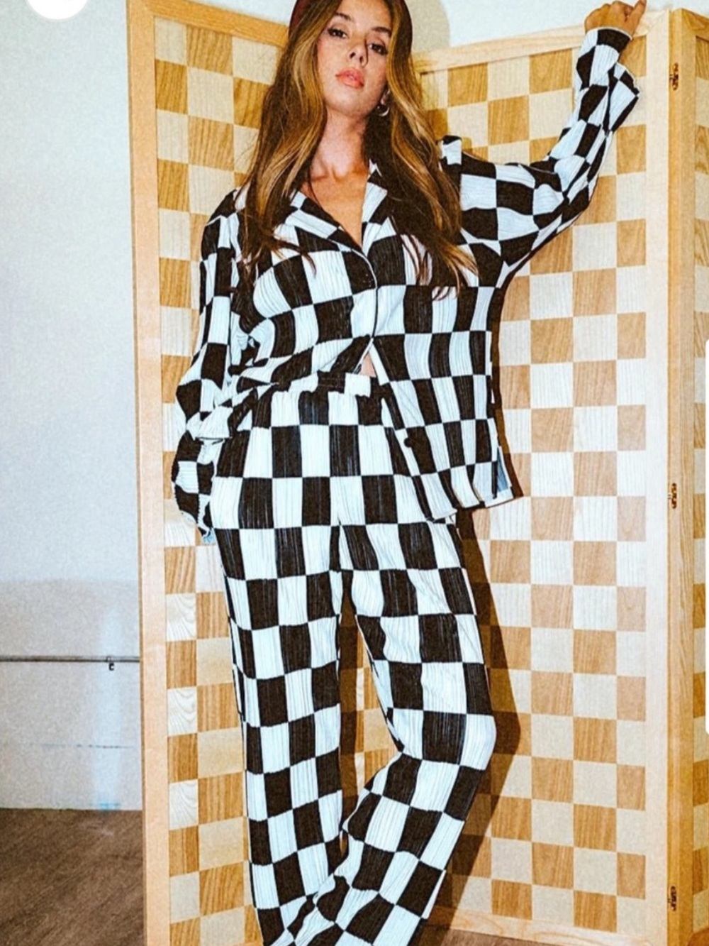 Dressed in Lala Long Sleeve Plissé Set in Checkerboard Black White Size Large